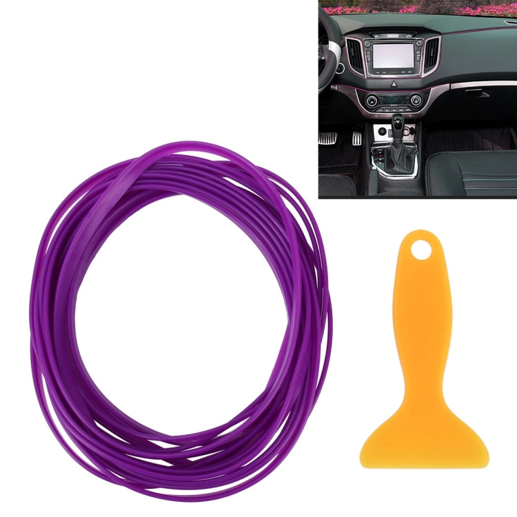 Flexible purple car interior trim strip with film scraper tool, coiled roll