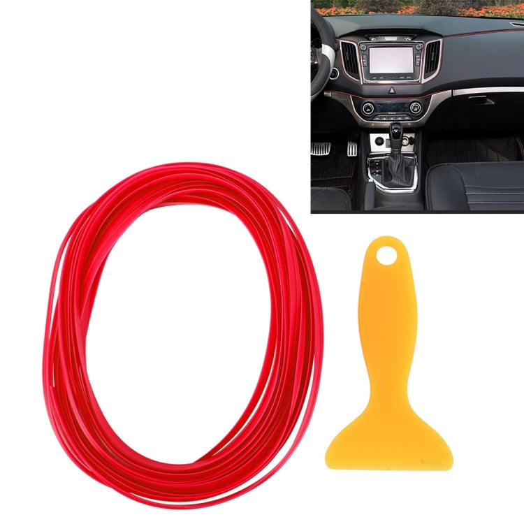Flexible red car interior trim strip with film scraper tool, coiled roll