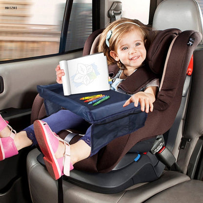 Blue stroller activity tray with side pockets, strapped to a car seat for coloring