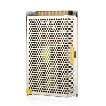 Metal AC-to-DC power adapter module with front perforated vent grille and top terminals