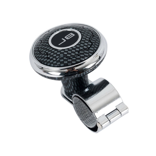 Universal steering wheel spinner knob with dark patterned top and chrome base, black grip