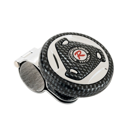 Universal steering wheel spinner knob with carbon-fiber look and chrome accents