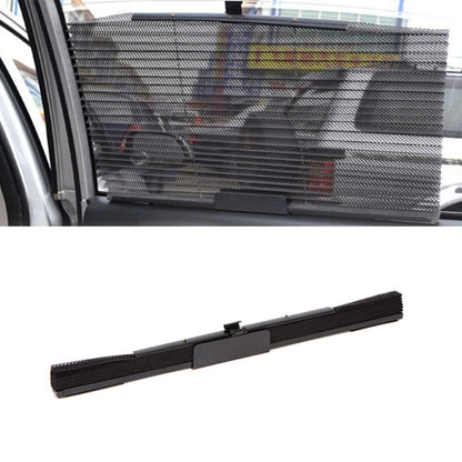 Car window sun shade with dark mesh panel and suction-cup frame, mounted inside door