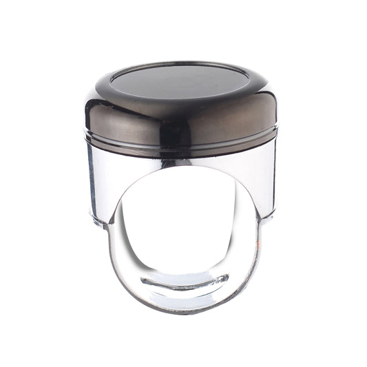 Black steering wheel spinner knob with shiny metal ring base, front view.