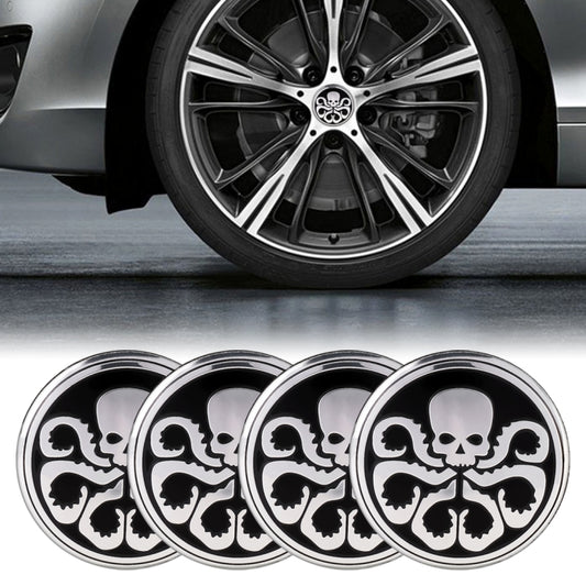 Set of 4 round wheel hub stickers with black-and-white skull pattern