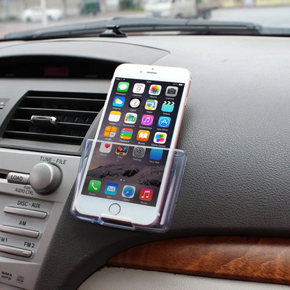 Transparent car phone holder box with clear front, holding a smartphone