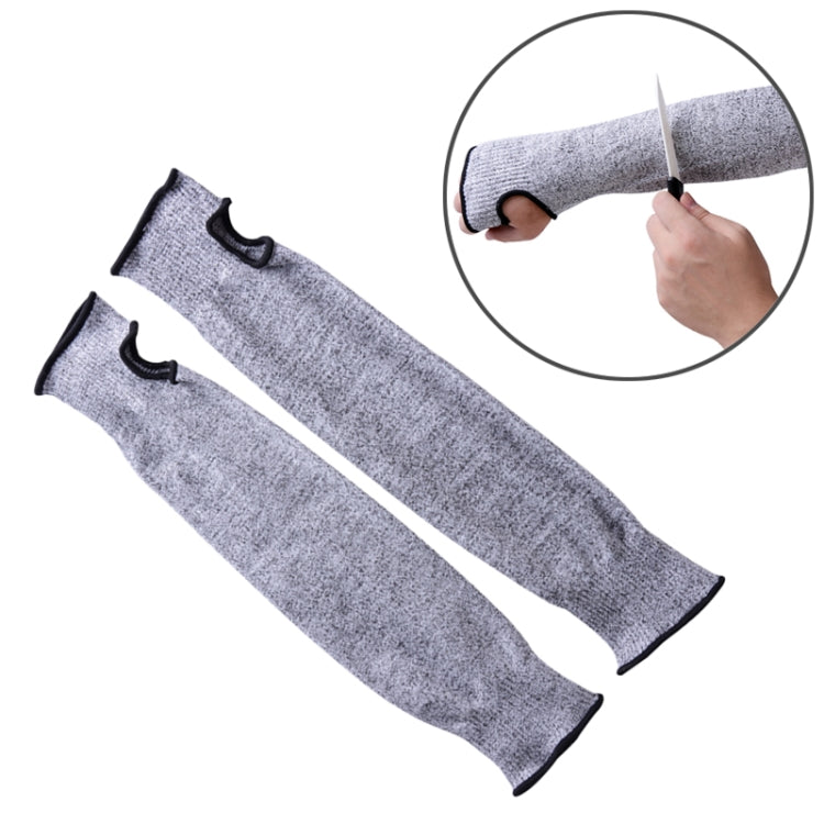 Grey elbow arm sleeves with black elastic cuffs, protective anti-cut style.