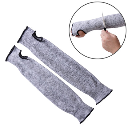 Grey elbow arm sleeves with black elastic cuffs, protective anti-cut style.