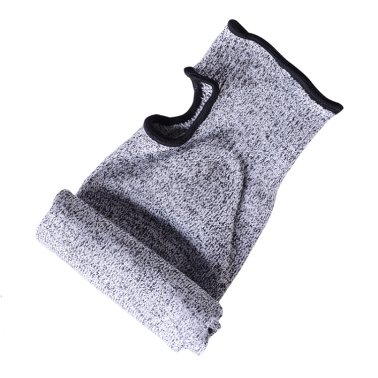 Grey elbow arm sleeve with black elastic cuff and curved protective padding area.