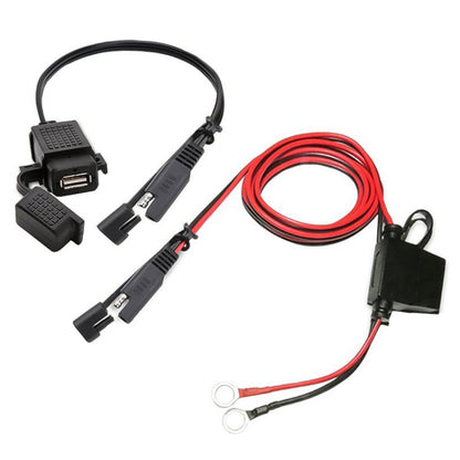 Waterproof motorcycle USB charger kit with SAE-to-USB adapters and red extension harness