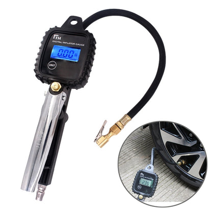 Digital tire air pressure inflator gauge with blue LCD screen and air hose