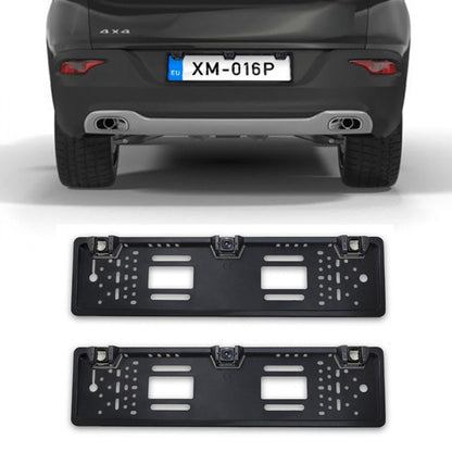 Car rear license plate frame with integrated rear-view camera, dark housing