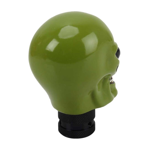 Green skull-shaped gear shift knob cover, side view with black textured collar