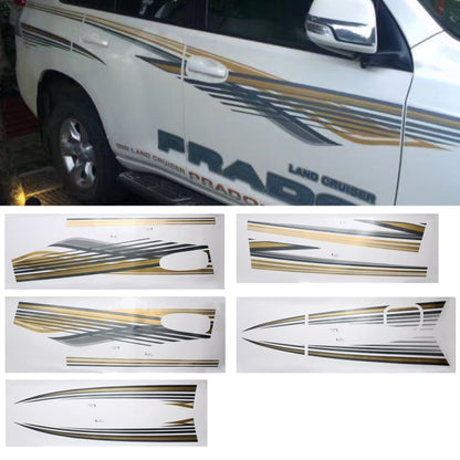 Car body decorative stripe sticker set with gold, black, and silver racing lines