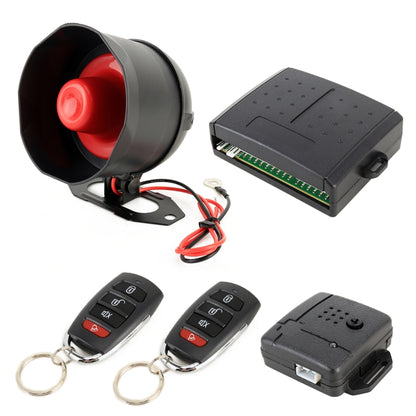 Car alarm siren horn with black control module, red-and-black wires, and two key fobs