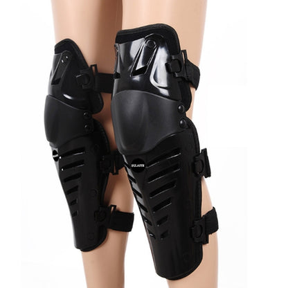 Black motorcycle knee protector covers with hard-shell plates and adjustable straps.