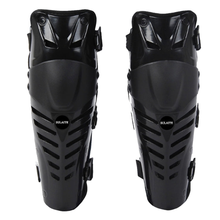 Pair of black motorcycle knee protector covers with hard-shell design and side straps.