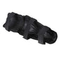 Black motorcycle knee protector covers laid flat, showing foam padding and strap panels.