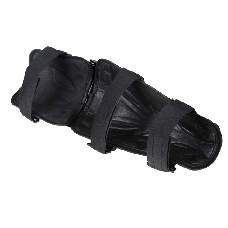 Black motorcycle knee protector covers laid flat, showing foam padding and strap panels.