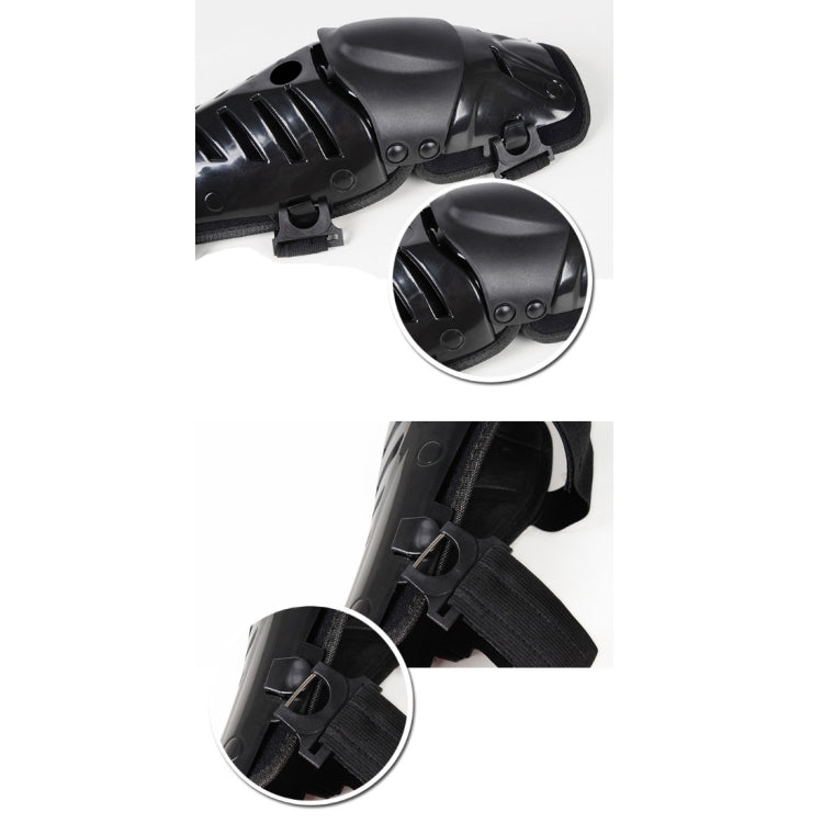 Black motorcycle knee protector covers, close-up details of shell and strap buckles.