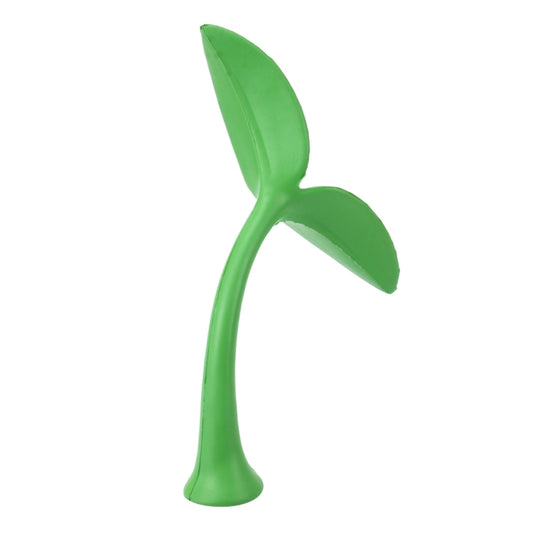 Green rubber decorative grass figurine with three curved leaves on tall stem