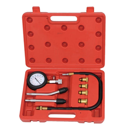 Mechanical noise detector kit with pressure gauge, hoses, and brass nozzles in red case