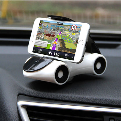 White sports car-shaped smartphone car holder with black phone mount and wheels