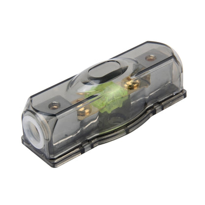 Blade fuse holder for car audio, clear housing with green fuse and metal terminals