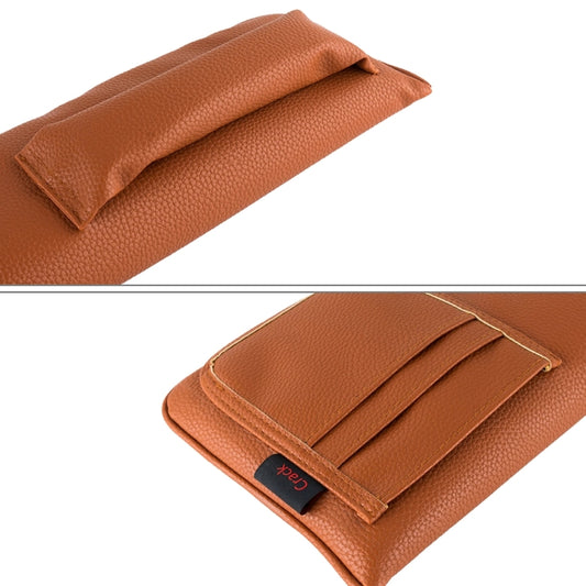 Brown car seat gap filler pocket organizer pads with fold-over flap and stitching