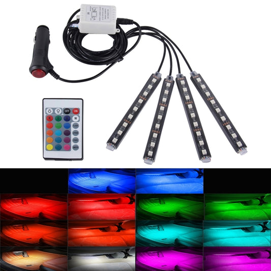 RGB LED car floor light kit with four strip bars, wireless remote, and control box