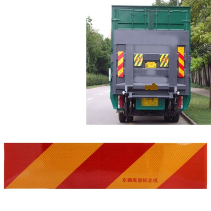 Rear warning sign sticker strip on truck rear, red-yellow reflective chevrons, 55x13cm
