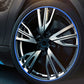 Decorative car wheel hub trim strip with blue edge around alloy wheel