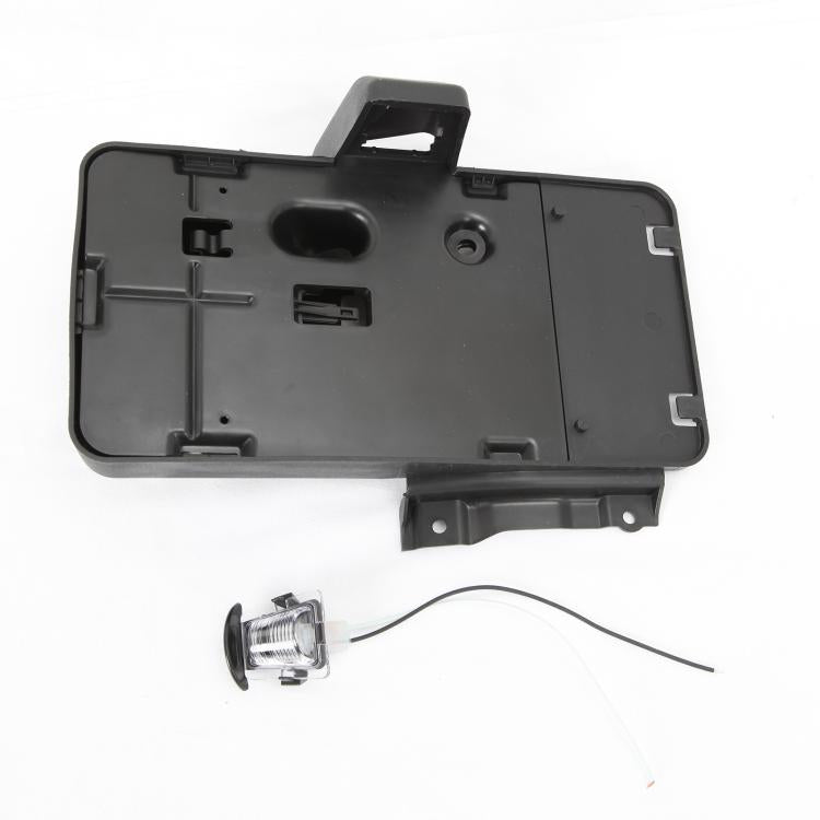 Black rear license plate frame holder bracket with mounting light and wiring harness
