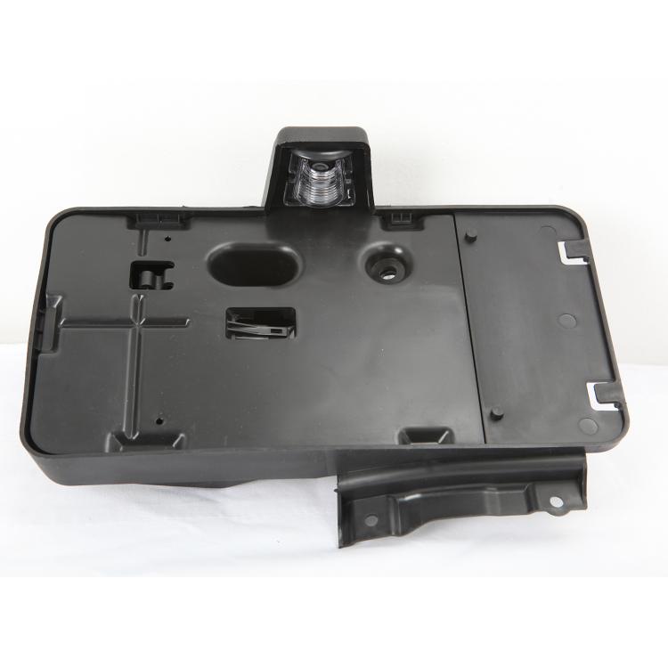 Black rear license plate frame holder bracket with integrated square mounting light