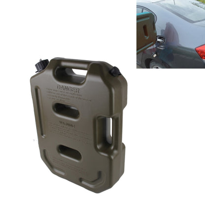 Plastic fuel can with carry handle, dark cap, and warning text on tank