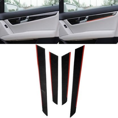 Car door panel carbon fiber decal strip set with red accents, installed on inner panel
