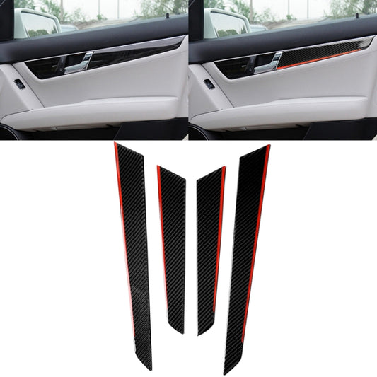 Car door panel carbon fiber decal strip set with red accents, installed on inner panel