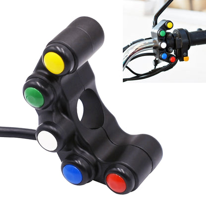 Motorcycle handlebar switch with black housing and four colored push buttons: yellow, green, blue, red.