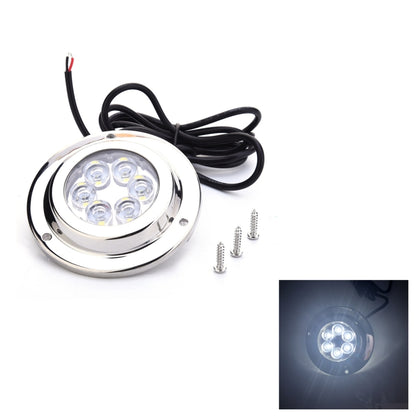 Stainless underwater LED light with 6 white LEDs, black cable, and mounting screws