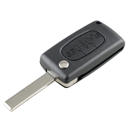 Dark gray 3-button car key fob case with metal key blade and round silver insert