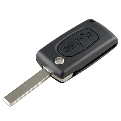 2-button car key fob with metal slotted blade, dark gray housing and button icons
