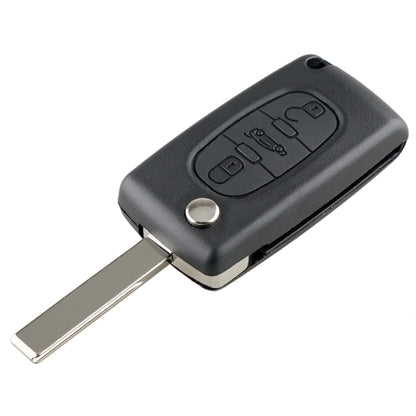 Black 3-button car key fob with metal key blade and circular keyring hole