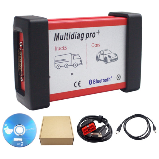Red and black Bluetooth OBD2 diagnostic scanner with accessory cables and disc