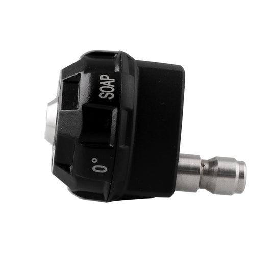 Black pressure washer nozzle with soap selector and metal connector fitting