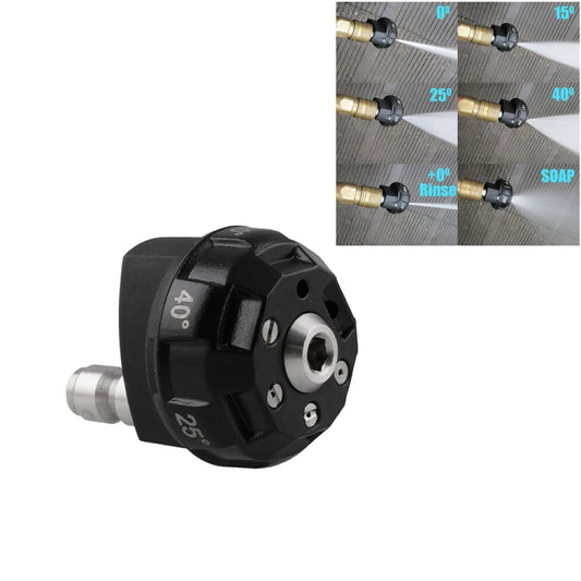Black 6-in-1 multi-hole pressure washer nozzle with mode dial and metal inlet