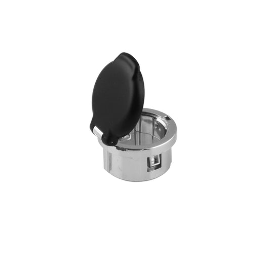 Chrome 12V cigarette lighter plug retainer with black plastic cap