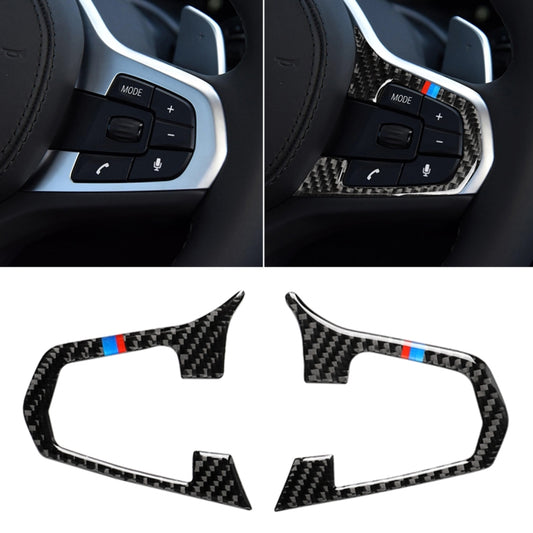 Car steering wheel button trim sticker in carbon fiber with blue and red accents