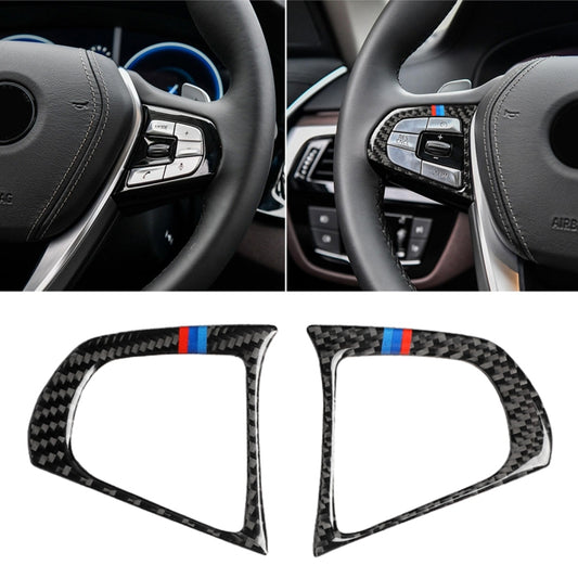 Steering wheel button trim, carbon-fiber texture with blue and red stripe, installed view