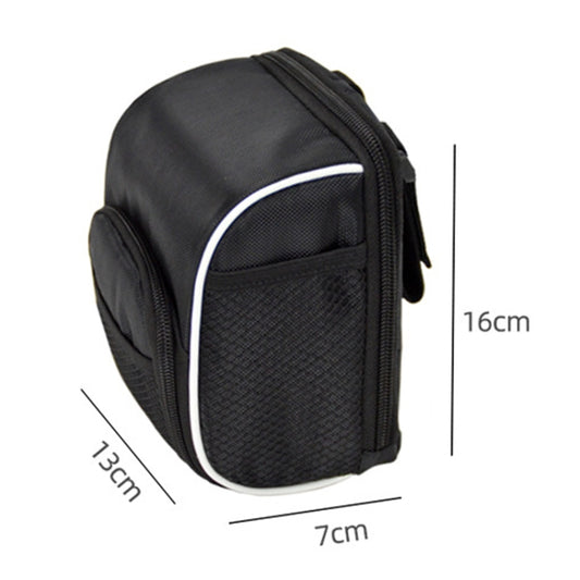 Black oval bicycle front phone bag with white piping and full zipper closure