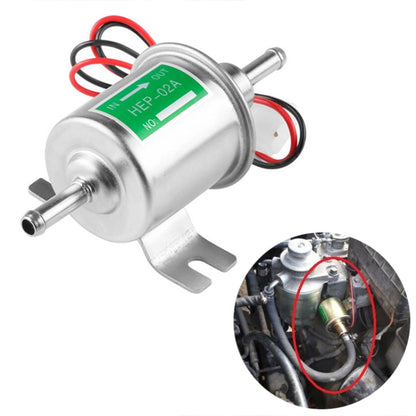 Inline 24V electric fuel pump, silver metal body with red/black wiring and mounting bracket